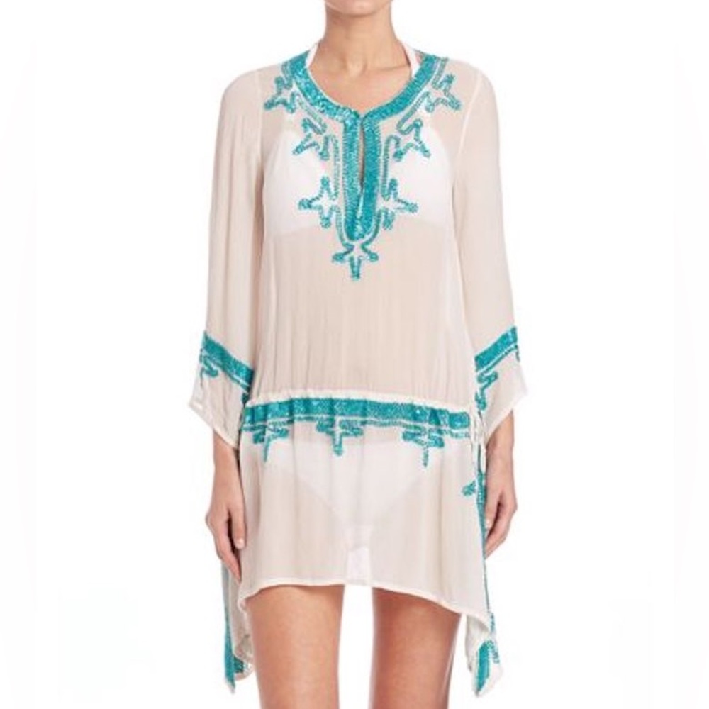 Calypso St. Barth Poolside Embellished Crinkle Silk Kaftan